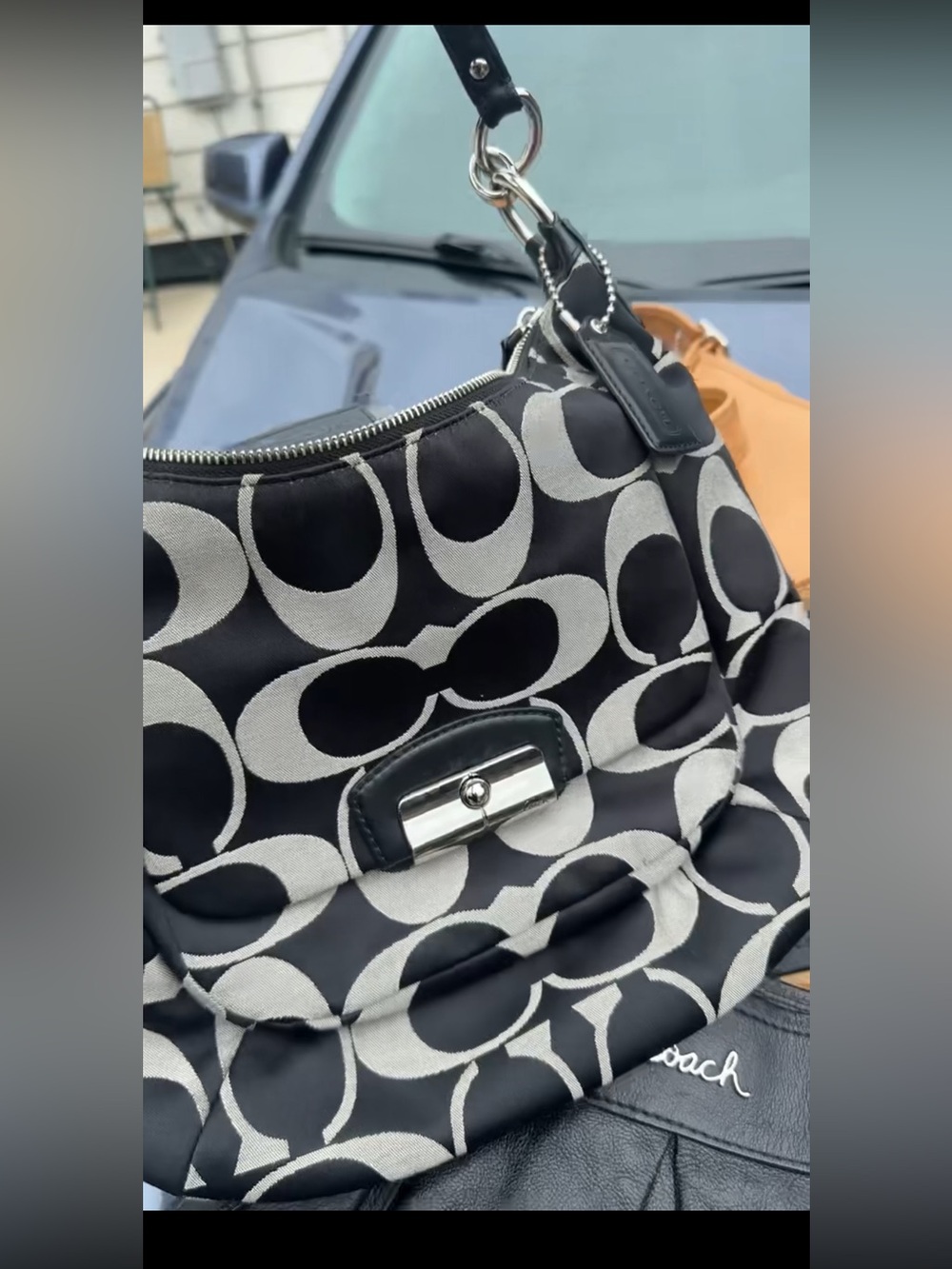 Coach Black and gray Signature Canvas Shoulder Bag with Gold Hardware